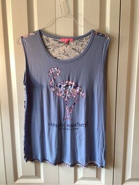 Simply Southern Blue Palm Leaf Pink Flamingo Tank Top Sz Large - IEC